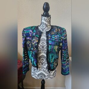 Vintage Women's 80s Retro Laurence Kazar New York Sequin Mini Silk Jacket